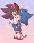 5_fingers anthro black_body black_fur blue_body blue_fur blush chest_tuft clothing cuddling duo fingers footwear fur grey_eyes hand_holding male male/male red_body red_clothing red_eyes red_footwear red_fur red_shoes shoes tuft unknown_artist sega sonic_the_hedgehog_(series) apex_the_hedgehog fan_character shadow_the_hedgehog eulipotyphlan hedgehog mammal hi_res