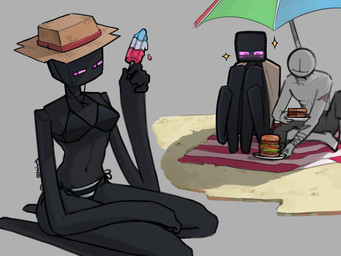 beach beach_parasol beach_towel bikini black_bikini_top black_body blush burger clothed clothing duo eyeless female food grey_background hat headgear headwear long_arms long_legs male navel not_furry pink_eyes pink_sclera popsicle sandwich_(food) scar simple_background sitting_on_knees slim_female slim_humanoid sparkles straw_hat striped_bikini_bottom swimwear topless topless_male towel two-piece_swimsuit kaiartis microsoft minecraft mojang xbox_game_studios anon enderman human humanoid mammal 2025 hi_res