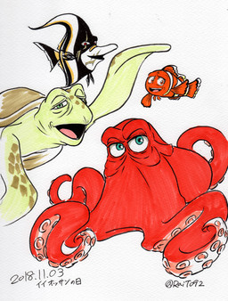 black_stripes blue_eyes eye_bags feral gesture green_body green_eyes hai_xiaolu looking_at_viewer male orange_body scales shell stripes tear_trough tentacles waving waving_at_viewer white_stripes uminokouji disney finding_dory finding_nemo pixar crush_(finding_nemo) gill_(finding_nemo) hank_(finding_dory) marlin_(finding_nemo) aquatic cheloniid clownfish fish giant_pacific_octopus green_sea_turtle pomacentrid reptile scalie sea_turtle turtle 2018