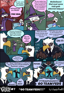 7_panel_comic accessory anthro body_hair clothing dialogue eyes_closed eyewear fur gesture half-closed_eyes hat headgear headwear high_five humor narrowed_eyes necktie shirt speech_bubble suit sunglasses t-shirt text toony topwear white_body white_fur witch_hat happyroadkill fbi deborah_dove accipitrid accipitriform avian bird columbid dove eagle absurd_res comic english_text hi_res mother_(lore) parent_(lore) son_(lore)