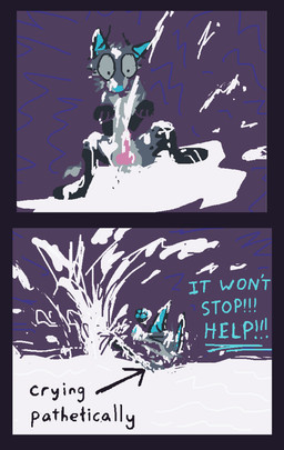 animal_genitalia animal_penis blue_nose bodily_fluids canine_genitalia canine_penis crying cum dialogue excessive_cum excessive_genital_fluids feral fur genital_fluids genitals grey_body grey_fur infinite_cum infinite_genital_fluids knot knotted_penis male penis solo tears toony demensa canid canine canis coyote domestic_dog mammal 2025 absurd_res comic hi_res
