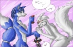 anthro blue_body blue_fur blue_hair duo female fur hair male micro nude shrink_spray tail white_body white_fur forceswerwolf nintendo star_fox krystal_(star_fox) skunkhase swiftayama canid canine fox mammal 2010