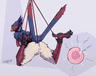 ankle_cuffs anus arms_tied_behind_back avian_feet bdsm bodily_fluids bondage bound breasts collar cuff_(restraint) cum cum_drip cum_in_vagina cum_inside dominant dominant_male dripping dripping_vulva excessive_cum excessive_genital_fluids feathers feet female foot_focus genital_fluids genitals hanging_breasts heart_symbol impregnation looking_pleasured male nipples ovum ovum_with_heart pokemorph rear_view restraints rope rope_bondage rope_harness rope_suspension saliva saliva_drip sperm_cell spread_legs spreading submissive submissive_female suspension suspension_bondage tail tail_feathers vulva fauxfowl nintendo pokemon avian generation_3_pokemon pokemon_(species) swellow