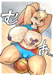 anthro ball basketball_(ball) big_breasts blonde_hair bodily_fluids breasts clothed clothing cum cum_on_breasts cum_on_face female genital_fluids hair huge_breasts looking_at_viewer nipple_tape pasties shirt sitting_on_ball smile solo tape tongue topwear kori-nio looney_tunes warner_brothers lola_bunny lagomorph leporid mammal rabbit hi_res