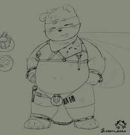 anthro bdsm body_writing brainwashing cape chain chastity_cage chastity_device clothing corruption cuff_(restraint) foreskin genitals harness hero kerchief legwear male nipple_piercing nipple_ring nipples overweight penis piercing restraints ring_piercing sex_toy shackles slightly_chubby solo sounding_rod standing stirrup_legwear stirrup_stockings stockings text tongue tongue_out young xunli_170 bear mammal chinese_text hi_res sketch