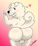 anthro balls big_butt blush butt curled_tail flirting_look fur genitals gesture hand_gesture heart_symbol looking_back male middle_finger nude slightly_chubby smile solo tail thick_thighs white_body white_fur d13w0tt_(artist) terrence_(ugly-rat15508) canid canine canis domestic_dog mammal 5:6 hi_res