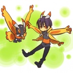 1:1 antennae_(anatomy) arthropod clothed clothing cosplay duo feral flying fully_clothed generation_4_pokemon hair hitec human insect jacket lepidopteran looking_at_viewer male mammal mothim nintendo nude orange_eyes pokemon pokemon_(species) pokemon_trainer purple_hair short_hair smile spread_arms toony topwear