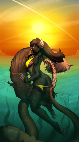 5_fingers ambiguous_gender anthro assisted_exposure bikini black_body black_fur black_hair black_lips blue_eyes breasts clothing detailed_background duo female feral fingers fur hair lips mantle_(mollusk) open_mouth partially_submerged sun swimwear teeth tentacles tongue two-piece_swimsuit kyander mellony_(p4nter) aquatic cephalopod coleoid felid mammal mollusk octopodiform pantherine 2014 hi_res
