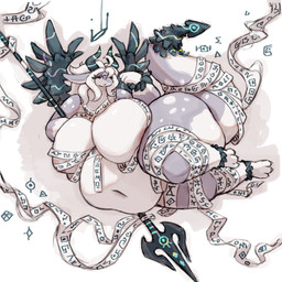 anthro areola belly big_belly big_breasts black_horn black_wings breast_squish breasts cloth eyelashes female hair horn huge_breasts long_hair long_tail looking_at_viewer lying melee_weapon navel obese obese_anthro obese_female overweight overweight_anthro overweight_female pointed_tail polearm purple_body runes solo spear squish tail thick_tail weapon white_body white_hair wings wrappings hyploom mythology gwyneth_(hyploom) demon dragon mythological_creature mythological_scalie scalie 2025 hi_res