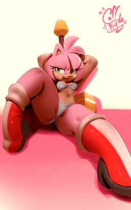 accessory anthro boots bra breasts brown_nose clothing female footwear fur green_eyes grey_bra grey_clothing grey_panties grey_underwear hair hair_accessory hairband hammer hands_behind_head head_tuft holding_hammer holding_object holding_tool holding_weapon navel panties pink_background pink_body pink_fur pink_hair pouting red_boots red_clothing red_footwear shoes simple_background sitting small_breasts solo spread_legs spreading tan_body tan_fur thick_thighs tools tuft underwear weapon wide_hips yellow_background coffekat sega sonic_the_hedgehog_(series) amy_rose eulipotyphlan hedgehog mammal 2025 5:8 hi_res