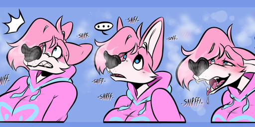 anthro aroused blue_eyes bodily_fluids clothing drooling female flared_nostrils fur heart_symbol hoodie looking_pleasured musk_sniffing nose_fetish orgasm_from_sniffing pink_body pink_fur pleased_expression saliva smell sniffing solo text topwear white_body white_fur kate360 bella_(snugglefox22) canid canine fox mammal bust_portrait hi_res portrait