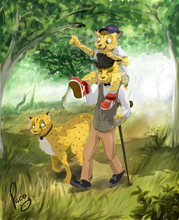 ambiguous_feral ambiguous_gender anthro black_collar black_nose blue_eyes clothed clothing collar facial_spots feral fur glistening glistening_eyes glistening_nose grass green_eyes group hat head_tuft headgear headwear logo looking_up male male_anthro markings mouth_closed one_eye_closed open_mouth open_smile outside plant shrub smile spots spotted_face spotted_legs spotted_markings spotted_tail tail tail_markings tree trio tuft walking walking_cane white_body white_fur yellow_body yellow_fur young young_anthro young_male pandapaco cheetah felid feline mammal artist_logo signature