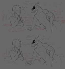 3_fingers 5_fingers anthro awkward_expression blush bodily_fluids breasts bulge clothed clothed_female clothed_human clothing cross-popping_vein dialogue duo eye_contact feathered_crest feathers featureless_crotch female female_human fight fingers hand_on_hip hands_together head_crest heart_symbol humor long_tail looking_at_another looking_away machine male male_anthro narrowed_eyes nude_anthro nude_male open_mouth open_smile red_text shocked sitting smile surprised sweat sweatdrop tail text wide_eyed khloros mirufi android human mammal reptile robot robot_anthro scalie synth_(vader-san) absurd_res comic english_text hi_res monochrome