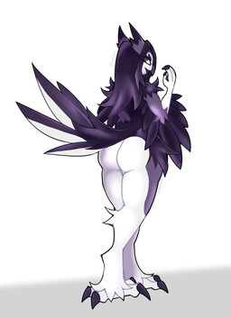 anthro beak big_butt butt feathers feet female purple_body smile solo standing tail tail_feathers talons thick_thighs toes white_body wide_hips wings hexxhoot hexx(hexxhoot) avian bird owl absurd_res hi_res