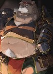 anthro armor belly bodily_fluids bottomwear brown_body brown_fur bulge clothing eyewear facial_hair fur glasses gloves handwear humanoid_hands kemono loincloth male mature_male mustache navel overweight overweight_male solo sweat weapon iwbsb_kuma bear mammal 2025 hi_res