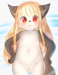 anthro blonde_hair blush female female_anthro flat_chested genitals hair hand_on_hip kemono loli looking_at_viewer navel nipples nude pussy red_eyes solo young young_anthro young_female niwani_watori futaba_channel akuma_gaoru canid canine canis mammal wolf hi_res