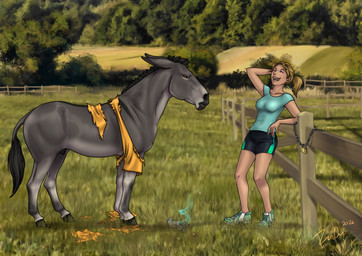 animal_genitalia black_mane blonde_hair breasts brown_eyes clothing detailed_background duo eyes_closed female female_human fence feral fully_sheathed genitals grass grey_body hair laugh male male_feral mane mouth_closed narrowed_eyes open_mouth outside plant sheath tan_body tan_skin torn_clothing rufciu asinus donkey equid equine human mammal 2024 dated hi_res signature