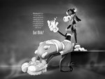 advertisement anthro athletic_wear clothing female footwear half-closed_eyes horn looking_at_viewer milk narrowed_eyes shoes sneakers solo teats text udders rabid disney got_milk? clarabelle_cow bovid bovine cattle mammal 2020 black_and_white english_text hi_res meme monochrome