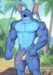 5_fingers abs anthro anthrofied big_muscles big_penis biped black_eyes blue_body blue_claws blue_fur blue_nose blush blush_lines bulge claws clothed clothing fingers flaccid foreskin fur genitals grin hand_on_hip head_tuft humanoid_genitalia humanoid_hands humanoid_penis looking_at_viewer male muscular muscular_anthro muscular_male nipples notched_ear outside palm_tree pecs penis penis_poking_out plant pubes purple_penis smile solo standing text thick_thighs tree tuft underwear underwear_only vein veiny_penis reiner55 disney lilo_and_stitch stitch_(lilo_and_stitch) alien experiment_(lilo_and_stitch) 2021 hi_res portrait signature three-quarter_portrait url watermark