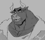 anthro body_hair chest_hair eyebrows horn male muscular muscular_male solo teeth polartoons bovid bovine cattle mammal bust_portrait monochrome portrait sketch