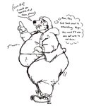 anthro big_butt blush bodily_fluids bottomwear butt clothing dialogue female inner_monologue jacket obese overweight overweight_female pants partial_speech_bubble partial_thought_bubble solo stretch_marks stuffing sweat sweatpants text thick_thighs thinking tight_clothing topwear crustypelican3 rosie_(crustypelican3) canid canine canis domestic_dog mammal mastiff molosser rottweiler black_and_white english_text hi_res monochrome partially_colored sketch