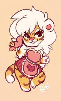 anthro apron bell chibi clothing countershading female fluffy fluffy_hair hair looking_at_viewer scene_haircut smile solo buxbi buxbi_(character) felid mammal pantherine tiger
