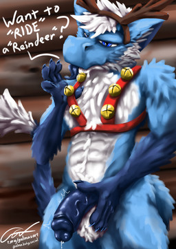 anthro balls bedroom_eyes bell bell_harness blue_body blue_eyes bodily_fluids bulge bulge_grab christmas_clothing claws clothed clothing clothing_pull costume dialogue foreskin fur genital_fluids genitals harness holidays humanoid_genitalia humanoid_penis log_cabin male narrowed_eyes penis precum presenting presenting_penis reindeer_antlers reindeer_costume seductive solo tail text tongue tongue_out vein veiny_penis wall_(structure) white_body wood wood_wall galma christmas mythology galma_(character) dragon furred_dragon furred_scalie mythological_creature mythological_scalie scalie 2025 absurd_res english_text hi_res signature url