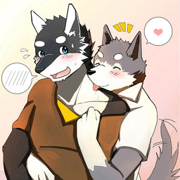 anthro black_nose blush clothed clothing countershading duo eyes_closed heart_symbol male male/male tongue tongue_out bearlovestiger13 lagoon_lounge kuugo_(lagoon_lounge) seiya_inami canid canine canis domestic_dog husky mammal nordic_sled_dog spitz wolf 1:1 2015