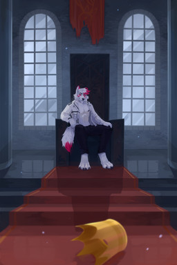 anthro black_bottomwear black_clothing black_nipples black_nose black_pants blurred_foreground bottomwear chair cheek_tuft clothed clothing crown dipstick_ears ear_markings facial_markings facial_tuft fluffy fluffy_tail front_view fur furniture hair head_markings headgear inside jacket looking_at_viewer male markings mouth_closed multicolored_ears multicolored_hair neck_tuft nipples open_clothing open_topwear pants red_body red_eyes red_fur red_hair sitting solo tail throne topwear tuft two_tone_hair unsigned white_body white_clothing white_fur white_hair white_jacket white_topwear window corzh77 canid canine canis mammal wolf absurd_res full-length_portrait hi_res portrait