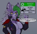 2021 absurd_res anthro bar_emanata breasts canid canine canis clothing collar colored_nails crush_hazard_symbol dialogue directed_motion_outline do_not_fist_android_girls ear_piercing emanata english_text female five_nights_at_freddy's five_nights_at_freddy's:_security_breach fur glowing glowing_eyes green_hair green_nails hair hazard_pictogram hazard_symbol hi_res humor jacket lipstick makeup mammal meme motion_lines motion_outline mounted_sign nails nipple_outline path_lines phaser_automata pictogram piercing prohibition_sign purple_body purple_fur purple_lipstick red_cross roxanne_wolf scottgames shoulder_pads sign sign_graphic simple_background solo speech_bubble spiked_collar spikes steel_wool_studios symbol text topwear warning_sign white_hair wolf yellow_eyes