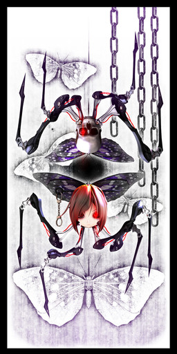1_eye 4_legs antennae_(anatomy) black_border bone border chain cuff_(restraint) dual_persona duo female glowing glowing_eyes hair handcuffs heterochromia human_skull insect_wings lens_flare lepidopteran_wings looking_at_viewer machine metal_cuffs red_eyes red_hair restraints skull skull_head symmetry wings deino_(artist) deino_(modeler) rubidium_(deino) arthropod butterfly humanoid insect lepidopteran robot robot_humanoid sasakia_charonda waddling_head 2014 3d_(artwork) autodesk_3ds_max_(artwork) digital_media_(artwork) full-length_portrait hi_res portrait