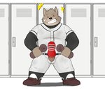 anthro bottomwear brown_body brown_fur clothing erection eyes_closed fur genitals humanoid_genitalia humanoid_hands humanoid_penis inside kemono locker_room male pants penetrable_sex_toy penis sex_toy shirt solo sport topwear goujuyu tenga tenga_egg canid canine canis domestic_dog mammal 2021 hi_res