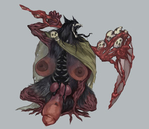 anthro big_breasts big_penis bone breasts corpse decaying female genitals gore herm holding_object holding_weapon huge_breasts huge_penis hyper hyper_breasts hyper_genitalia hyper_penis intersex penis putrescent_knight simple_background skeleton solo weapon white_background mauvedeer elden_ring fromsoftware scp_foundation fan_character scp-1471-a canid mammal monster