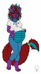 anthro black_nose blue_body blue_bottomwear blue_clothing blue_eyes blue_hair blue_horn blue_inner_ear_fluff blue_pants blue_scales bottomwear clothed clothing ear_piercing ear_stud female front_view fur glistening glistening_eyes hair horn inner_ear_fluff logo looking_at_viewer multicolored_hair navel pants piercing pregnant pregnant_anthro pregnant_female purple_body purple_fur red_body red_fur red_hair scales simple_background solo standing topwear tuft two_tone_hair white_background white_clothing white_topwear milk-jug mythology canid canine dragon hybrid mammal mythological_creature mythological_scalie scalie artist_logo hi_res