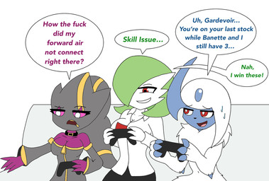 anthro bodily_fluids breasts claws collar controller dialogue female feral furniture game_controller group holding_controller holding_object on_sofa pink_sclera profanity red_eyes simple_background sitting sitting_on_sofa sofa speech_bubble sweat sweatdrop text white_background zipper roguecolonel303 nintendo pokemon absol gardevoir generation_3_pokemon generation_6_pokemon humanoid mega_banette mega_evolution pokemon_(species) english_text hi_res