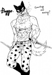 anthro bone bottomwear clothed clothing dual_wielding front_view fur holding_object holding_weapon knife male mask muscular muscular_anthro muscular_male pants question reverse_grip shirt simple_background solo standing tank_top text topwear weapon white_background sasamix undertale undertale_(series) doggo_(undertale) canid canine canis domestic_dog mammal black_and_white character_name english_text monochrome