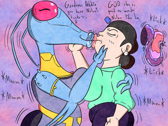 3_fingers 5_fingers annoyed antennae_(anatomy) black_hair black_text blue_body blue_skin breast_squish breasts eyes_closed female female/female female_human female_humanoid fingers fist french_kissing gradient_background hair interspecies kissing licking_tongue mature_female mature_human mature_humanoid pink_tongue purple_background purple_tongue red_sclera simple_background size_difference squish text tongue wet_lips wet_tongue titaniumtoenail image_comics invincible_(image_comics) andressa deborah_grayson alien alien_humanoid animal_humanoid arthropod arthropod_humanoid human humanoid insect insect_humanoid mammal thraxan 2026 4:3 digital_drawing_(artwork) digital_media_(artwork) english_description english_text hi_res mother_(lore) parent_(lore)