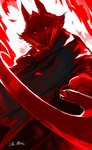 anthro black_cloak black_clothing cloak clothing fur looking_at_viewer male sharp_teeth sickle sickle_sword solo teeth topwear juliathedragoncat dreamworks puss_in_boots_(franchise) death_(puss_in_boots) canid canine canis mammal wolf 2023 hi_res red_theme