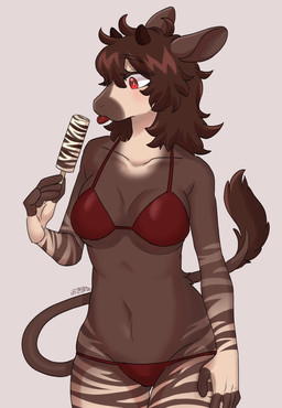 anthro bikini biped blush brown_body brown_hair clothing eyelashes female food fur hair holding_food holding_object horn navel ossicone red_eyes simple_background solo striped_body striped_fur stripes swimwear tongue tongue_out two-piece_swimsuit white_background white_body kayama_akimaru equid equine giraffid mammal okapi hi_res signature