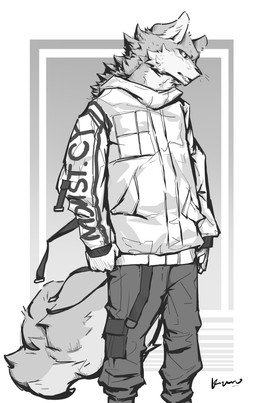 anthro black_sclera bottomwear clothed clothed_anthro clothed_male clothing countershade_face countershade_neck countershade_tail countershading fluffy fluffy_tail front_view fully_clothed fully_clothed_anthro fully_clothed_male head_turned inner_ear_fluff jacket looking_aside male open_mouth pants pockets pupils solo standing tail teeth text text_on_clothing text_on_jacket text_on_topwear tongue_showing topwear tuft whiskers kuromonsart felid mammal 2022 absurd_res artist_name dated digital_drawing_(artwork) digital_media_(artwork) english_text full-length_portrait greyscale hi_res monochrome portrait