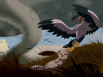 acacia_tree ambiguous_gender beak black_body black_feathers blowing_grass carrying_another duo feathers feral flying flying_backwards fur grass grey_body grey_feathers grey_fur markings natural_disaster nature nature_background orange_face peril plant rescue savanna serious_face spots spotted_body spotted_fur storm supercell_(storm) tall_grass tornado white_body white_feathers young blueondrive disney the_lion_king kaelani_(tlk) sefu_(tlk) accipitriform avian bird cheetah felid feline mammal secretary_bird 4:3 absurd_res hi_res female_(lore)