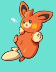 ambiguous_gender anthro blue_background fur open_mouth orange_body orange_fur simple_background solo chufflepop nintendo pokemon generation_9_pokemon pawmi pokemon_(species) digital_media_(artwork) hi_res shaded