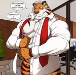 abs anthro barazoku biceps big_muscles bottomless clothed clothing fur hair male muscular muscular_anthro muscular_male necktie nipples pecs shirt shirt_only solo stripes text topwear topwear_only white_body white_fur darknaigart felid mammal pantherine tiger absurd_res digital_media_(artwork) hi_res