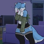 anthro bottomwear clothing crop_top cropped_hoodie femboy hotpants legwear male shirt shorts solo thick_thighs thigh_highs tired topwear kariwolf197 skyler(pm) canid canine fox mammal hi_res