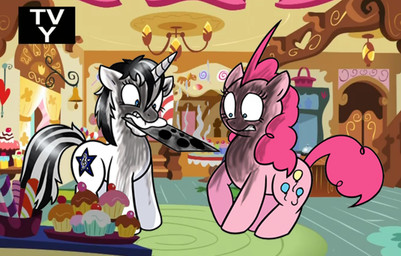 blue_eyes cake cutie_mark dessert duo female feral food hair horn inside male multicolored_hair pink_hair quadruped tail two_tone_hair mickeymonster friendship_is_magic hasbro my_little_pony mythology pinkie_pie_(mlp) earth_pony equid equine horse mammal mythological_creature mythological_equine pony unicorn source_request