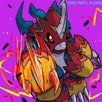 armor attack black_sclera blue_body claws clothing fire horn male markings purple_background red_armor red_eyes simple_background solo toe_claws yellow_markings pastel_please bandai_namco digimon digimon_(species) flamedramon reptile scalie 1:1 2020 hi_res signature