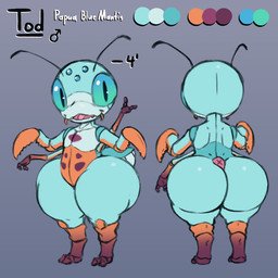 antennae_(anatomy) anthro big_butt biped blue_body blue_eyes butt exoskeleton huge_butt male multi_arm multi_limb nude orange_body shortstack shortstack_male simple_background solo text thick_thighs wide_hips bitfly tod_(bitfly) arthropod insect mantis 1:1 english_text hi_res model_sheet