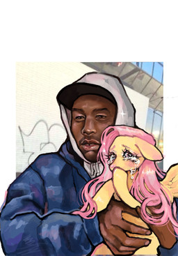 bodily_fluids clothing crying duo eyelashes feathered_wings feathers female feral hat headgear headwear hoodie lips male mane pink_mane tears topwear wings stellarphileistic friendship_is_magic hasbro my_little_pony mythology real_world tyler_the_creator fluttershy_(mlp) equid equine human mammal mythological_creature mythological_equine pegasus hi_res