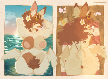 accessory anthro antlers areola beach belly_nipples big_ears blush bodily_fluids breasts butt cloud detailed_background ear_piercing eyewear female flower flower_in_hair fluffy fluffy_hair fluffy_tail fur genitals glasses hair hair_accessory heart_symbol hip_wings horn long_hair nipples nub_tail nude outside piercing plant relaxing sand sea shell smile solo star sunscreen sunset suntan sweat tail tan_line thick_thighs towel tying_hair unusual_wing_placement vines vulva water wet white_body wide_hips wings bunillacream bunna_(bunillacream) hybrid jackalope lagomorph leporid mammal rabbit wolpertinger absurd_res colored digital_drawing_(artwork) digital_media_(artwork) hi_res watermark