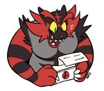 ambiguous_gender anthro black_body black_fur excited fur green_eyes grey_body holding_letter open_mouth red_body red_fur sharp_teeth simple_background smash_invitation solo teeth white_background yellow_sclera haps nintendo pokemon generation_7_pokemon incineroar pokemon_(species) hi_res